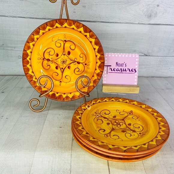 Pier 1 KARISTAN Scroll Yellow Orange Hand Painted Earthenware Salad Plate Set 4 - Picture 1 of 16